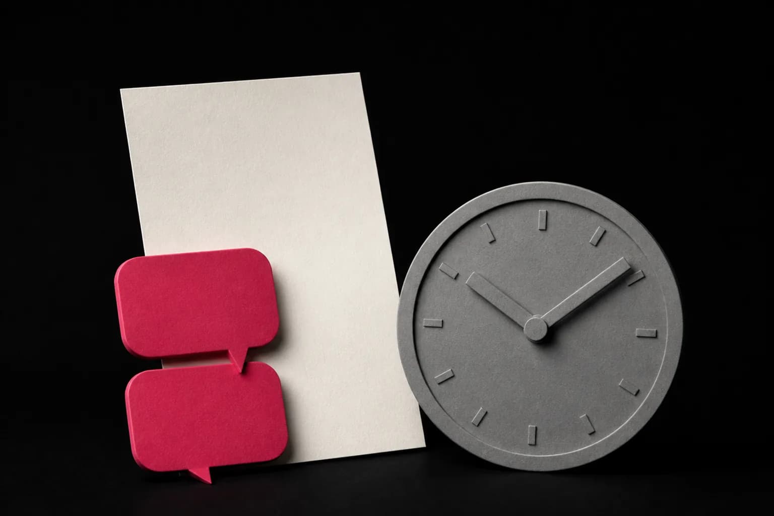 Two paper speech bubbles on the same side of a card beside a small clock.