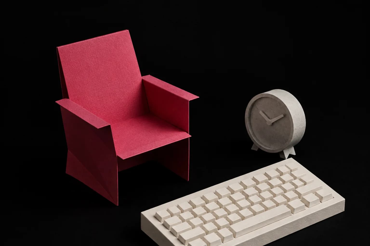 An empty folded paper chair facing a small cardboard keyboard.